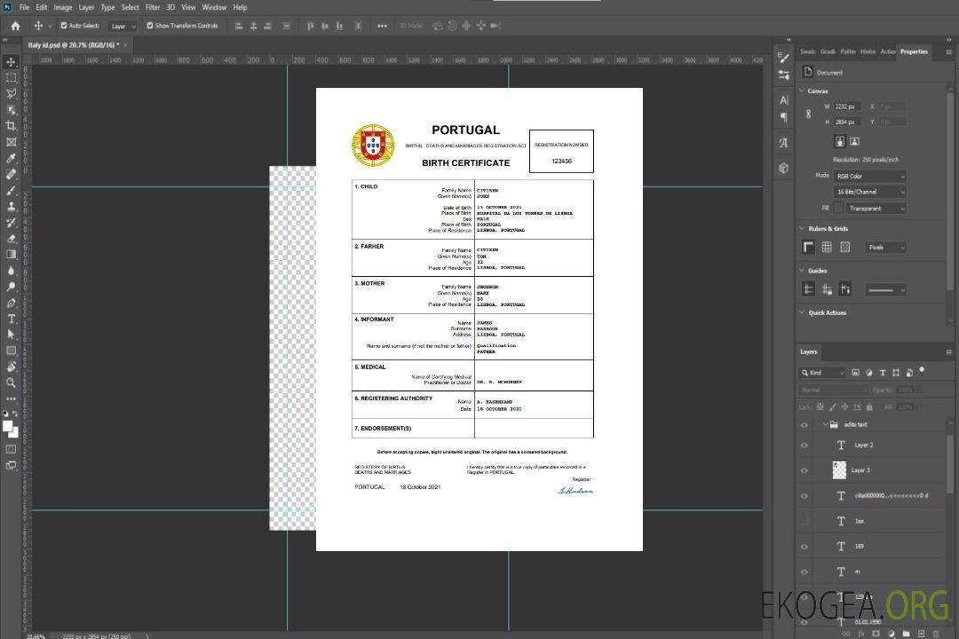 Modèle Word et PDF d'acte de naissance au Portugal template